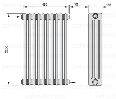Схема (чертеж) Радиатор Zehnder Charleston 4220/10 №1670 Белый глянцевый RAL 9016